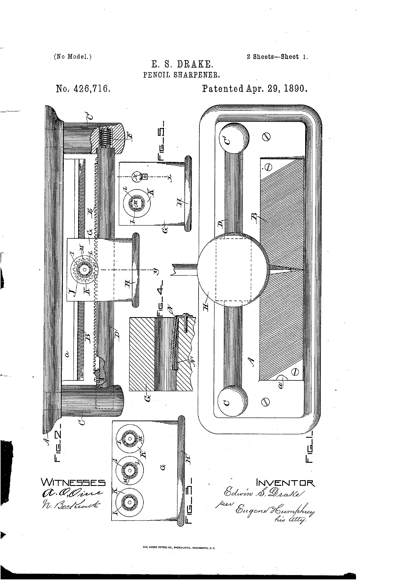 Primera làmina de la patent US 426716 del Perfect Pencil Pointer