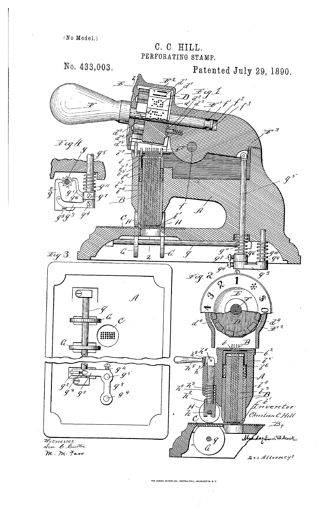 Làmina de la patent nord-americana 433003 de Christian C. Hill, 1890