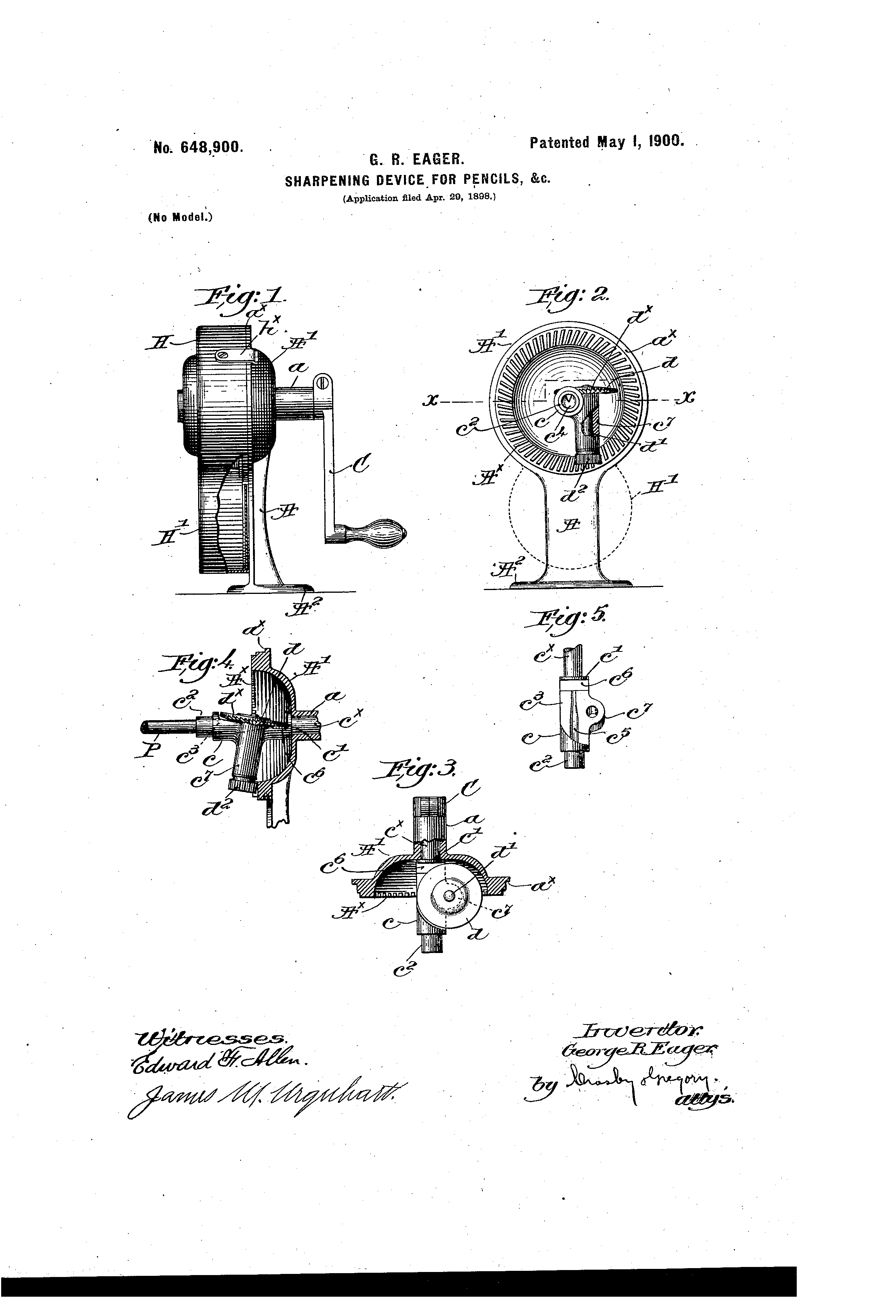 Dibuix de la patent US 648900 del Webster Pencil Sharpener